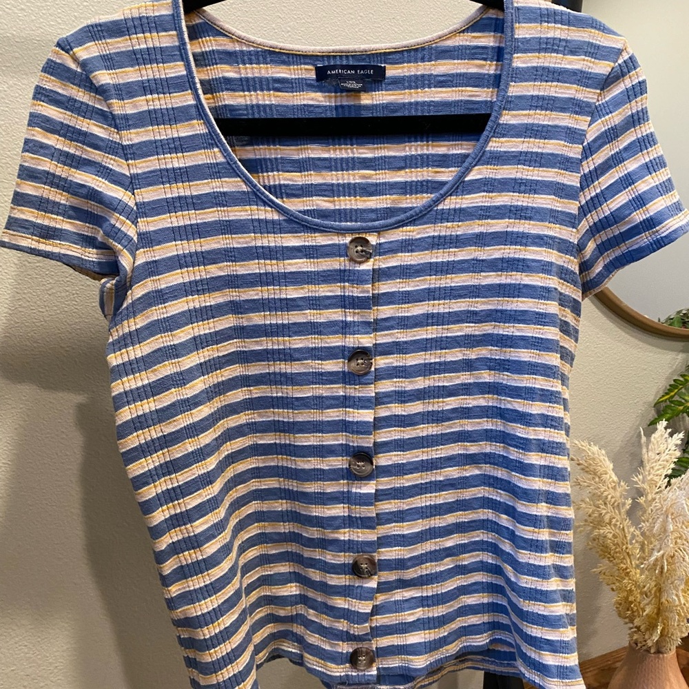 American Eagle Outfitters Blue and White Striped Women's Top
